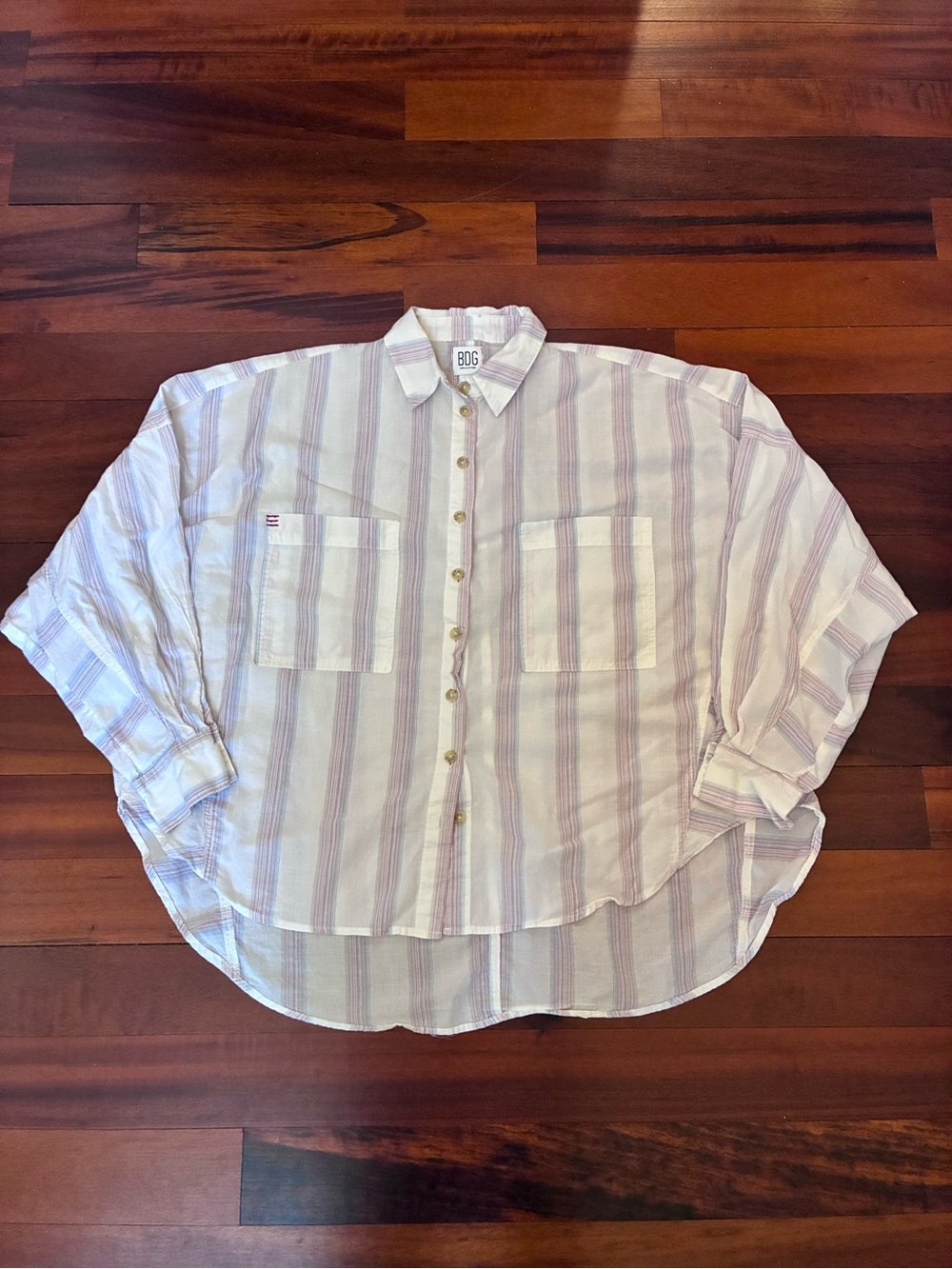 BDG Lightweight Button-Down Shirt in White with Blue & Red  Stripes